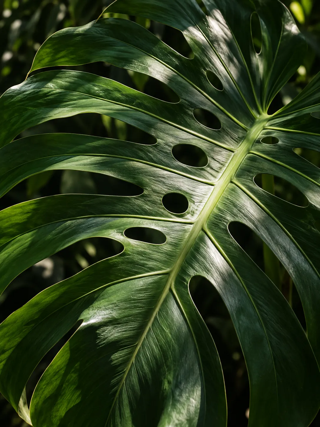 Sunlight across the sculptural veins of a deep-green monstera leaf.