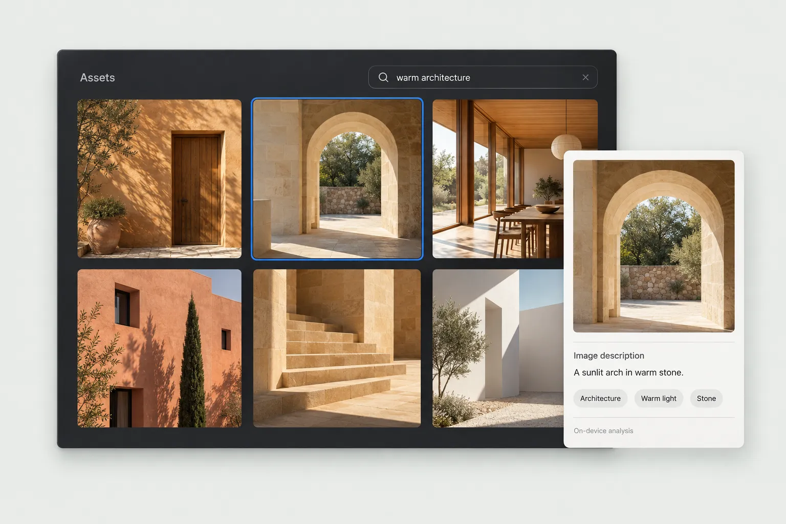 Feature illustration of a local asset search for warm architecture, with image results, a sample description and tags for a selected stone arch.