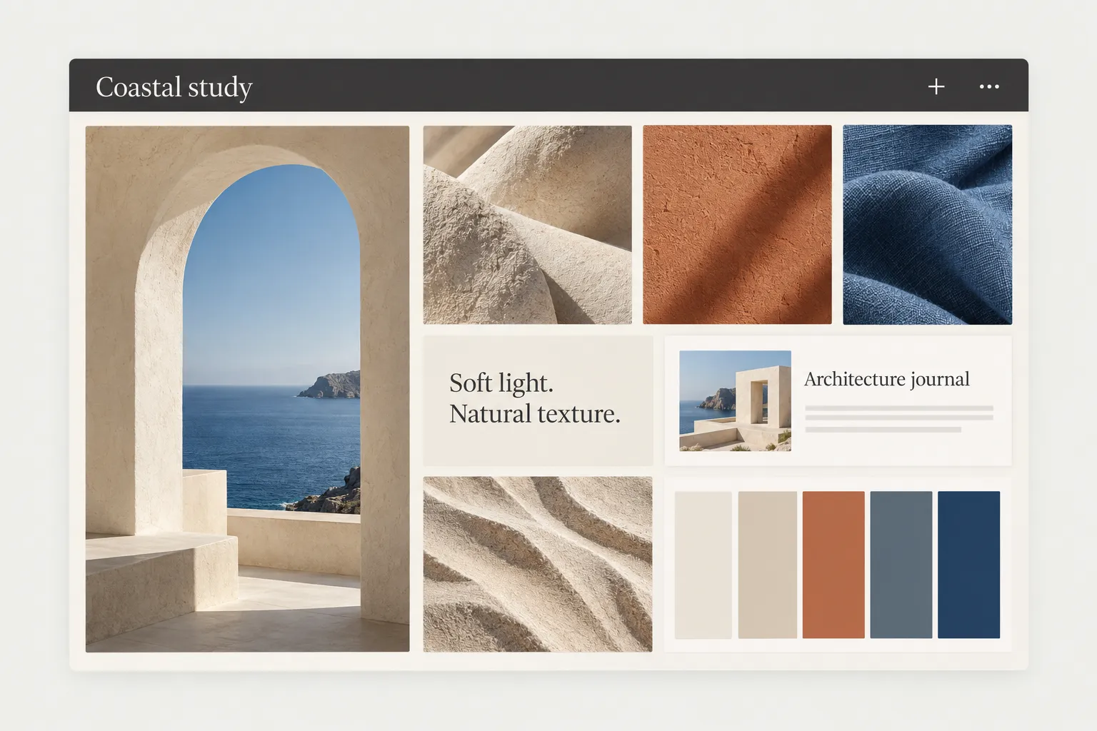 Feature illustration of a coastal moodboard with architecture photographs, texture references, a saved link, a note and five color swatches arranged in a grid.