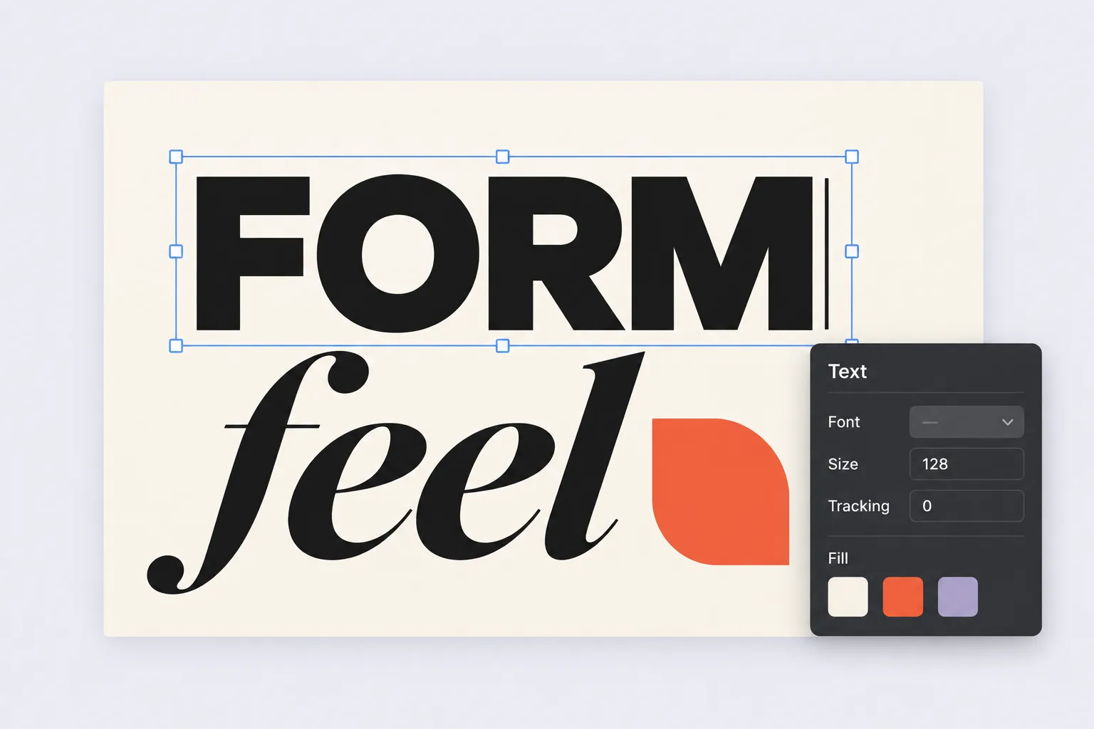 Feature illustration of bold and italic typography with editable text handles, a geometric shape and compact font, spacing and fill controls.